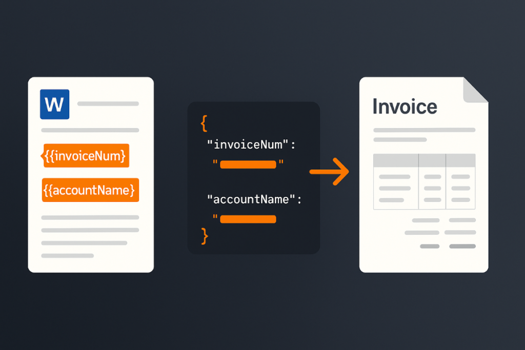 Word invoice template with double-bracket tokens used by a generate invoice pdf API
