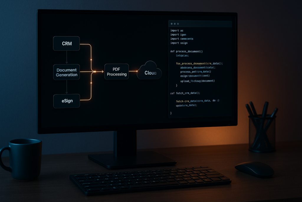 Diagram of an API-driven document workflow automation system showing CRM, document generation, eSign, and PDF processing pipeline connected to cloud infrastructure.