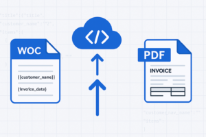 Foxit DocGen API workflow showing a Word template with data tags being converted into a PDF document using JSON data.