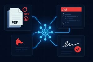 Foxit PDF API MCP Server architecture connecting AI agents to 30+ PDF tools, eSign, and DocGen workflows via Model Context Protocol.