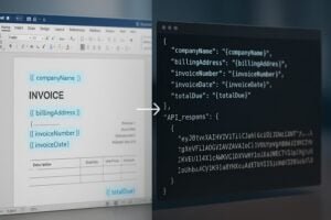 Document generation pipeline showing a Word template and JSON payload merging through the Foxit DocGen API into a finished PDF.