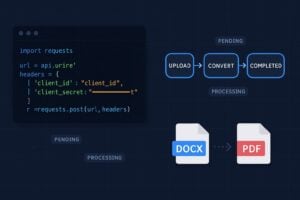 Foxit docx to pdf api four-step conversion flow in Python and cURL.