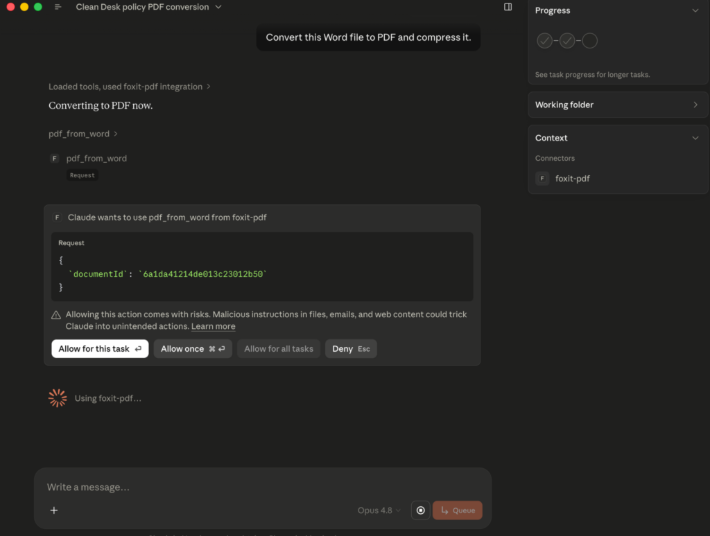 A Claude Desktop chat converting a Word file to PDF, showing the approval prompt for the pdf_from_word tool from foxit-pdf.