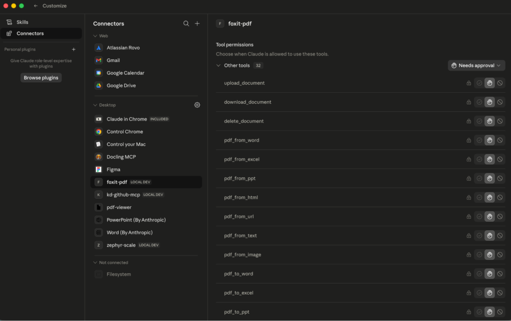 The Connectors settings screen showing foxit-pdf tool permissions, with a scrollable list of tools like upload_document, pdf_from_word, and pdf_to_word.