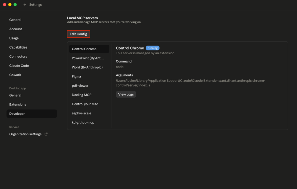 Claude Desktop's Settings on the Developer tab, with the Edit Config button highlighted above the Local MCP servers list.