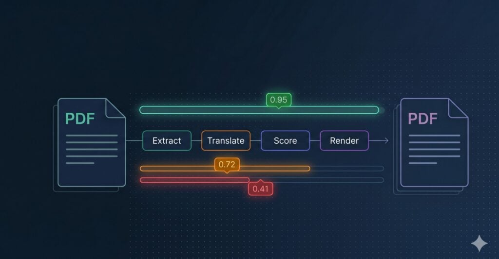 Architecture diagram of a PDF translation API pipeline using Foxit and Straker.ai with per-segment confidence scoring.