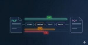Architecture diagram of a PDF translation API pipeline using Foxit and Straker.ai with per-segment confidence scoring.