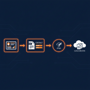 Diagram of a CRM-triggered document pipeline: contract generation, eSign, and cloud archive