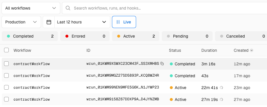 Vercel Workflows dashboard run list