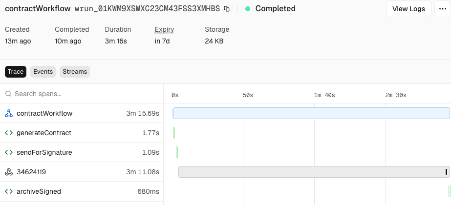 Vercel Workflows run trace with signing wait