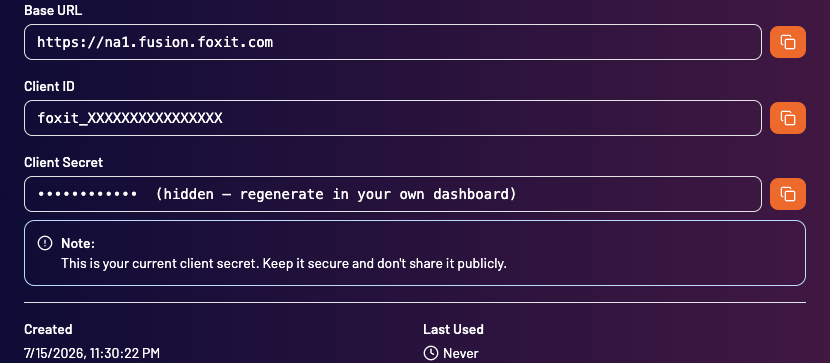 Foxit APIs Dashboard displaying the base URL, Client ID, and Client Secret for an API application