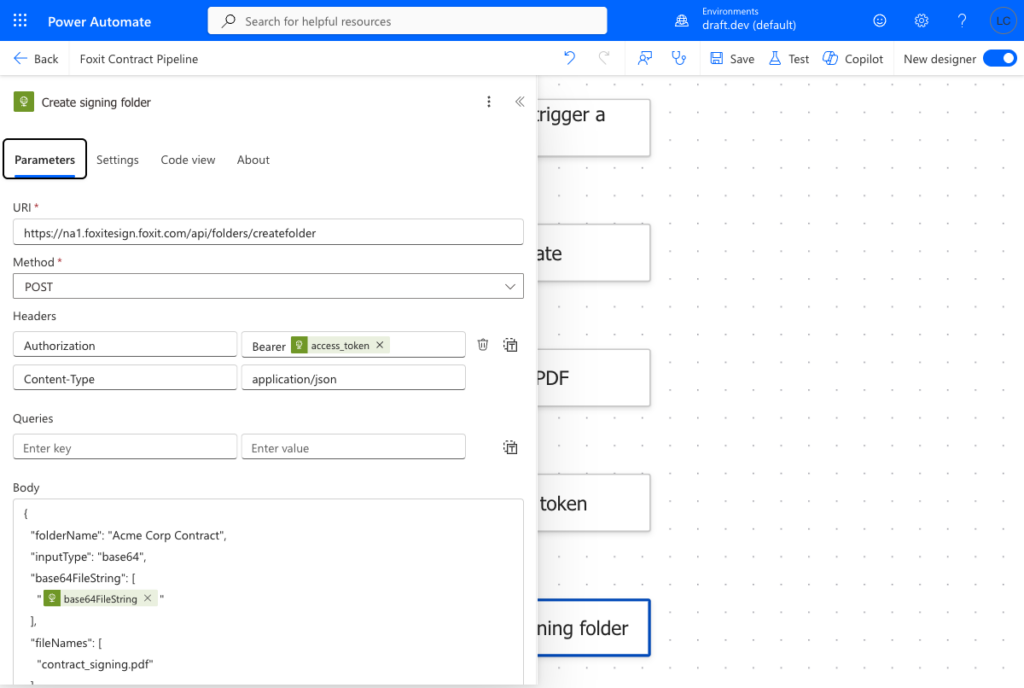 Create signing folder HTTP action configured with the eSign bearer token and base64 PDF body