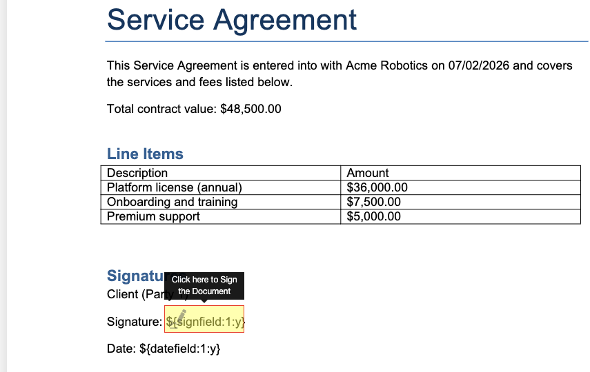 Foxit eSign signing view showing an active click-to-sign field on the generated contract
