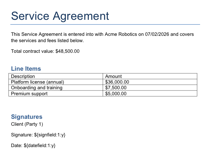 Generated Foxit contract PDF with signature tags