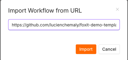 n8n Import Workflow from URL dialog with GitHub link pasted in