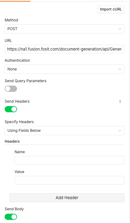 n8n HTTP Request node configured with the Foxit Document Generation API URL