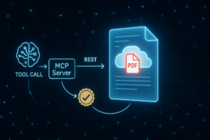 Diagram of agentic document workflows showing an LLM agent calling Foxit MCP tools to convert, extract, and sign PDFs