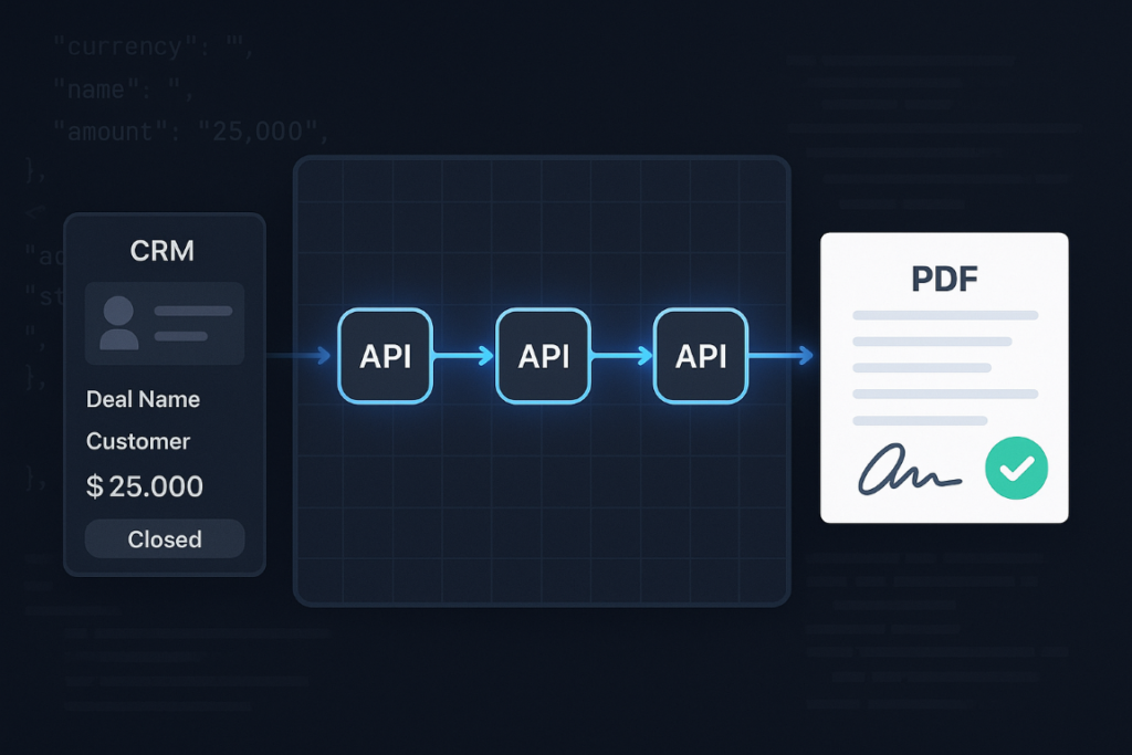 Illustration of a CRM deal moving through Foxit API steps to produce a signed PDF