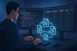 Illustration of a developer at dual monitors comparing document API dashboards and workflow icons