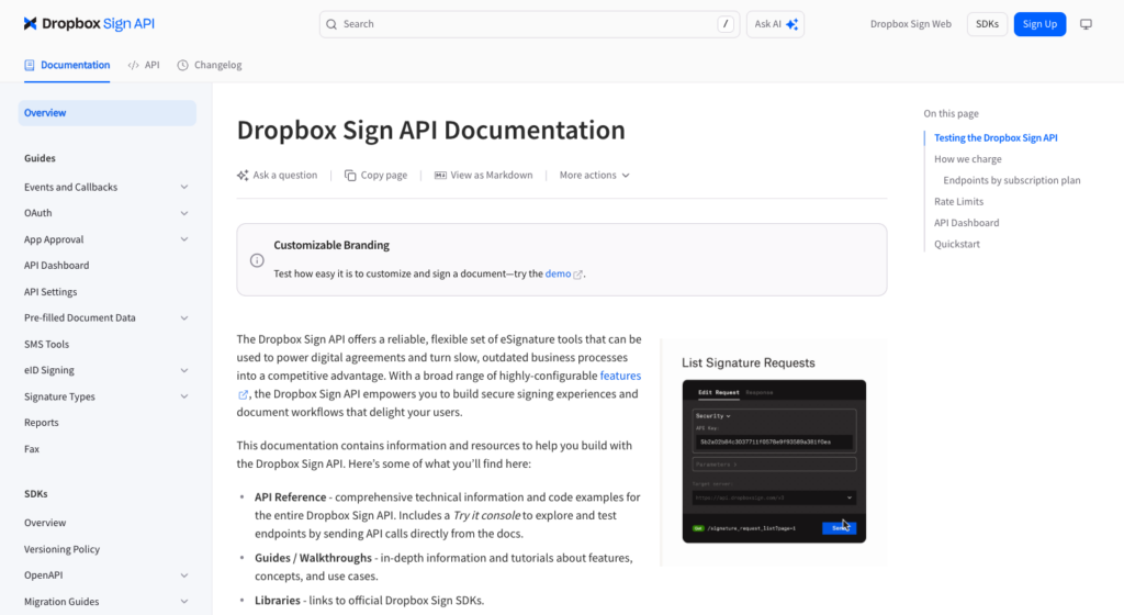 Dropbox Sign API documentation homepage showing guides, SDKs, and API reference navigation