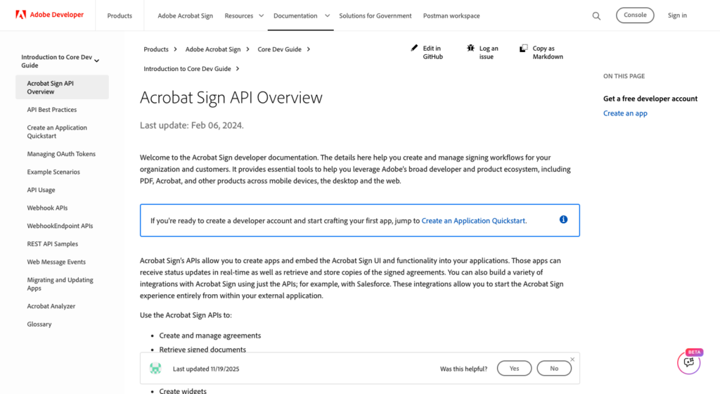 Adobe Acrobat Sign API overview page in the Adobe Developer documentation site