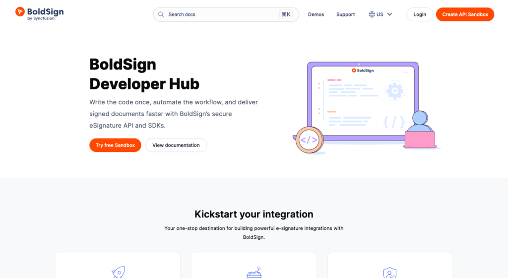 BoldSign Developer Hub homepage with sandbox access and eSignature API documentation links