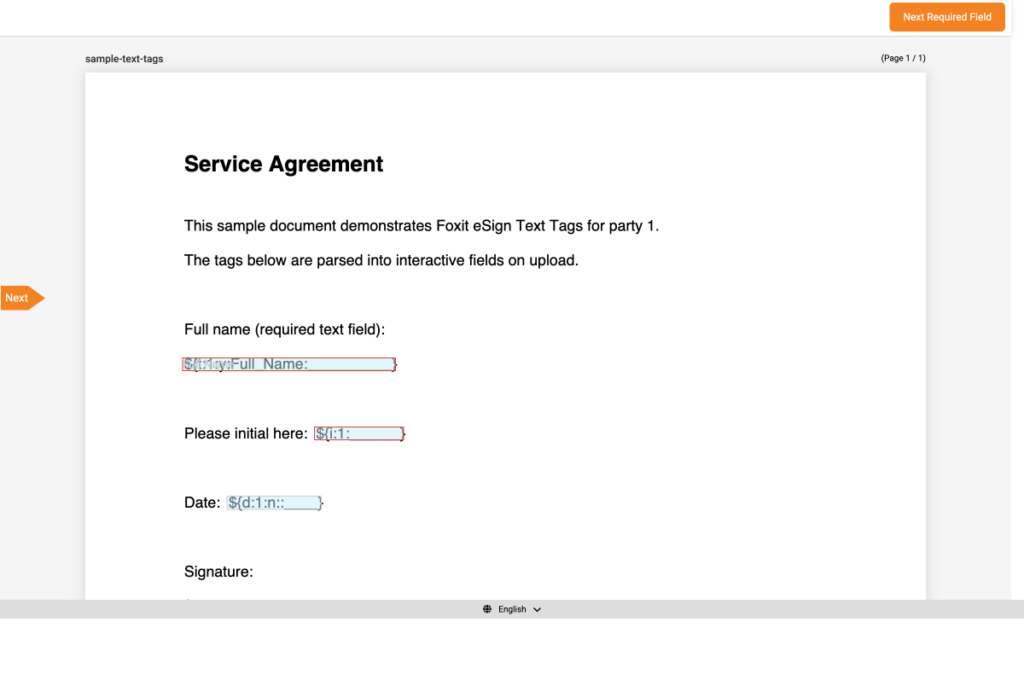 Foxit eSign embedded signing session showing a Service Agreement with interactive signature fields