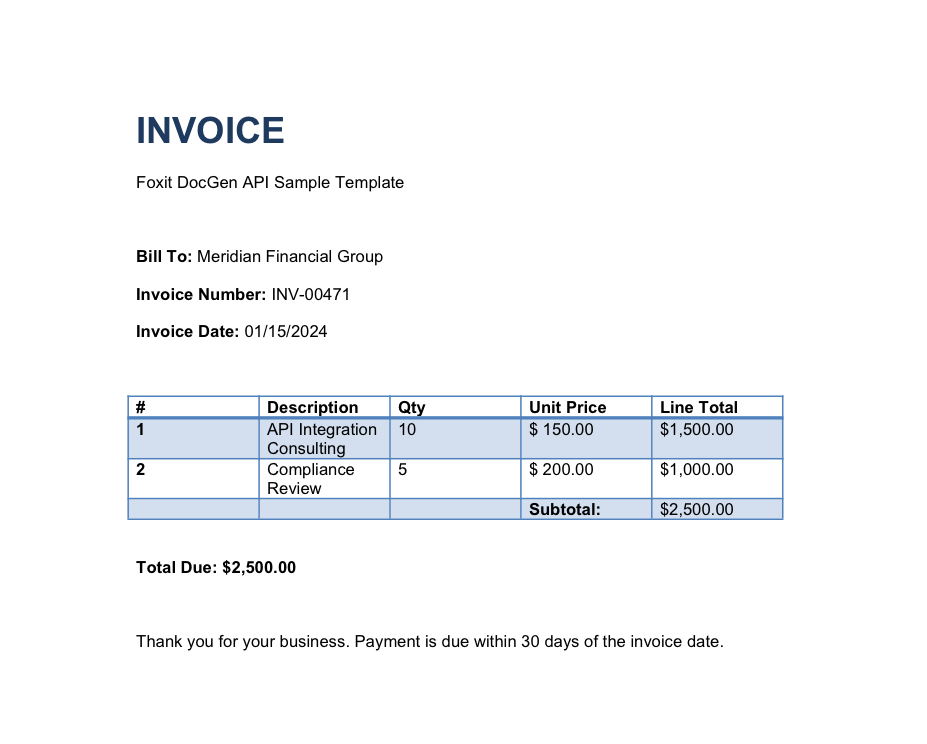 Sample invoice PDF with billing details and a five column line item table used for pdf data extraction