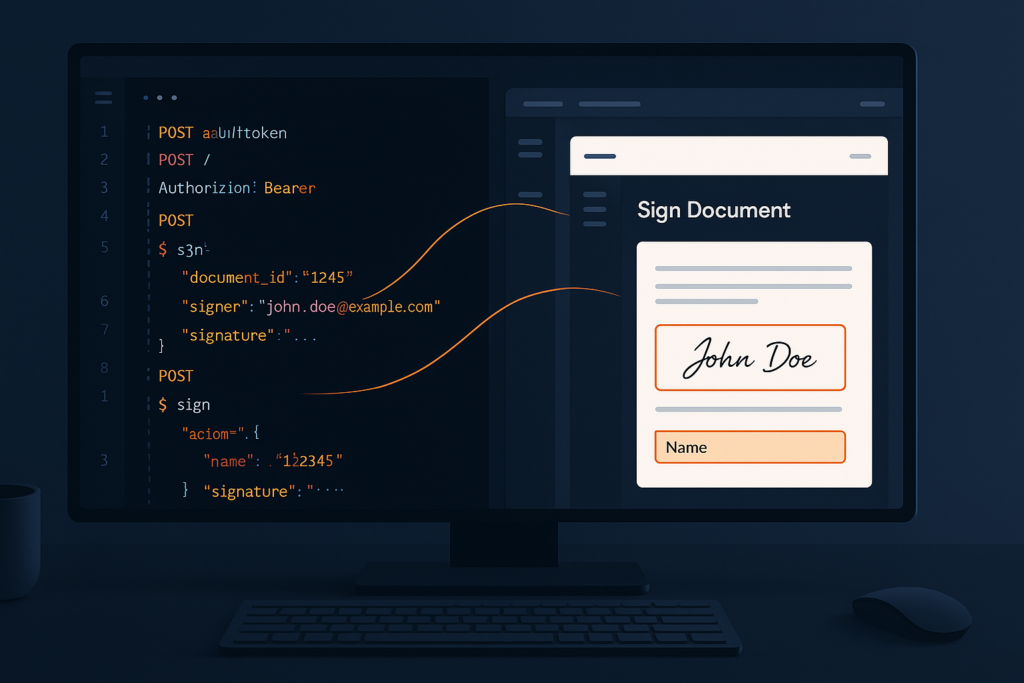 Illustration of code calling an esignature API alongside a Sign Document screen with a signature field