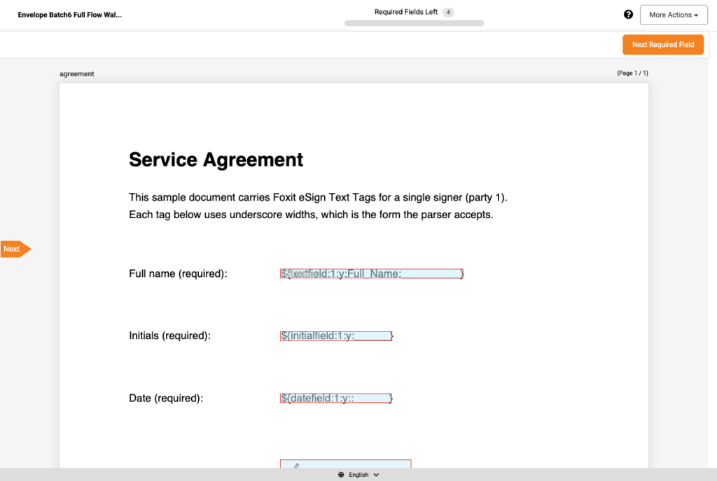 Embedded esignature API signing session showing four required fields still outlined and unfilled