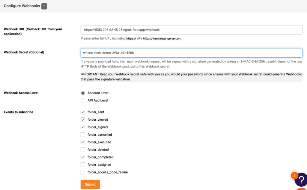 Foxit eSign webhook configuration screen with callback URL, webhook secret, and signing event checkboxes