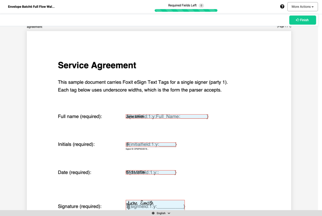 Completed embedded signing session with name, initials, date, and signature filled in and Finish enabled