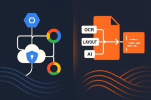 Split graphic comparing Google Document AI cloud icons to Foxit OCR, layout, and AI extraction pipeline