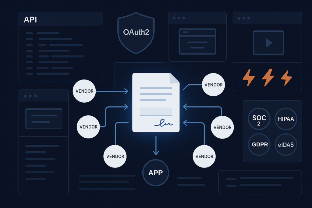 Illustration of six eSign vendors connecting to a signed document, surrounded by API, OAuth2, and compliance badge panels