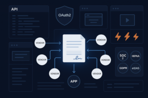 Illustration of six eSign vendors connecting to a signed document, surrounded by API, OAuth2, and compliance badge panels