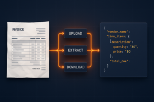 Diagram showing an invoice PDF flowing through upload, extract, and download steps into a JSON object with vendor and line item fields