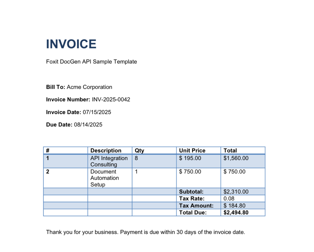 Sample invoice PDF with header fields, a line item table, and Subtotal, Tax Rate, and Total Due labels in the second to last column