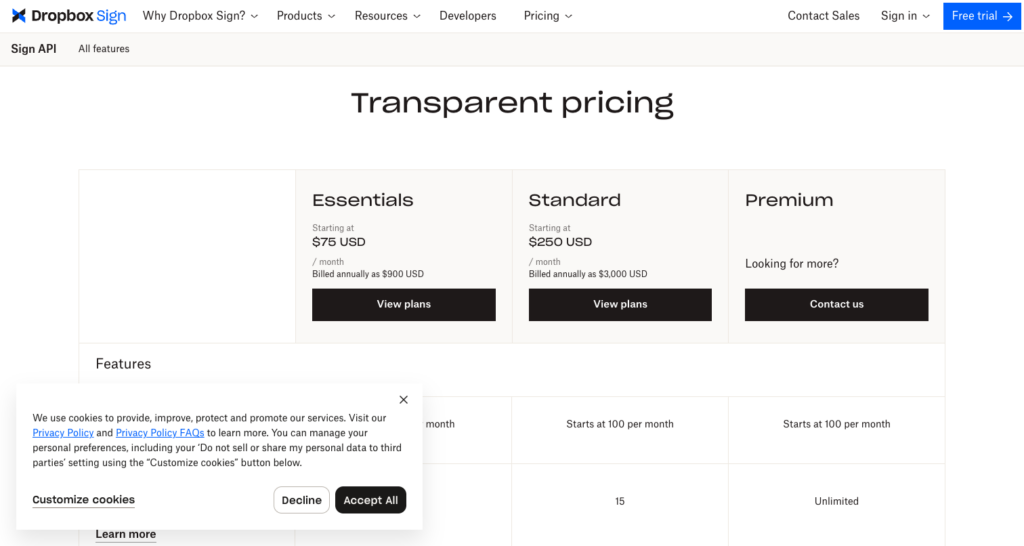 Dropbox Sign API pricing table with Essentials at $75 a month, Standard at $250 a month, and custom Premium pricing