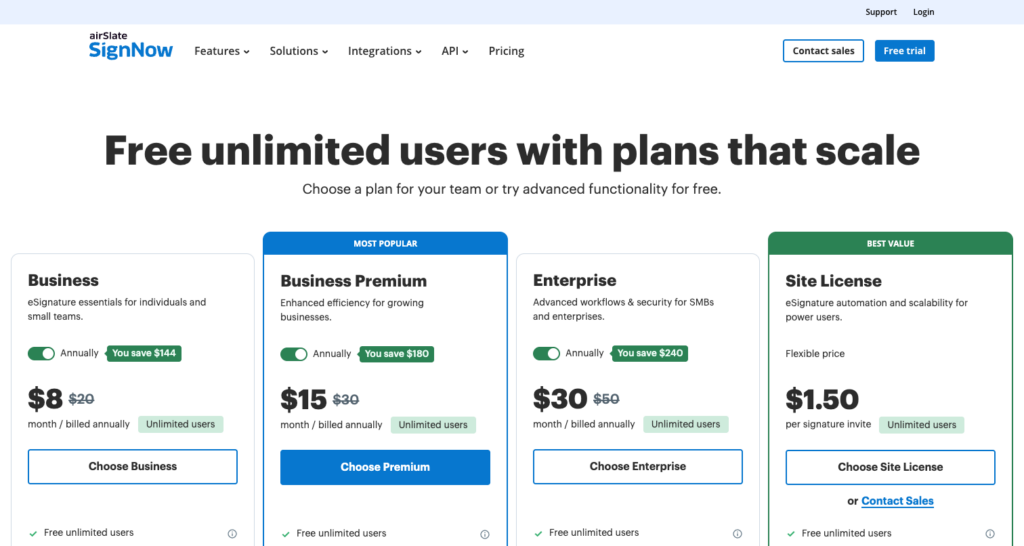 SignNow pricing page with unlimited users on all four plans and Site License priced at $1.50 per signature invite
