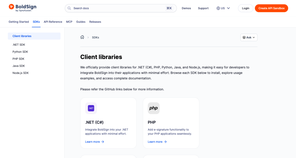 BoldSign client libraries page listing official SDKs for .NET, PHP, Python, Java, and Node.js