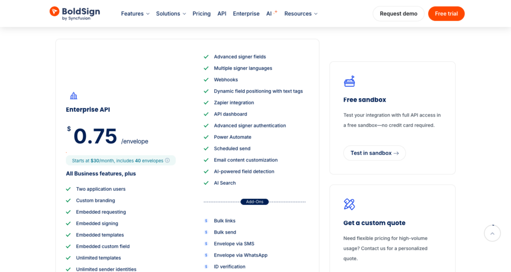 BoldSign Enterprise API pricing at $0.75 per envelope, from $30 a month for 40 envelopes, beside a free sandbox card