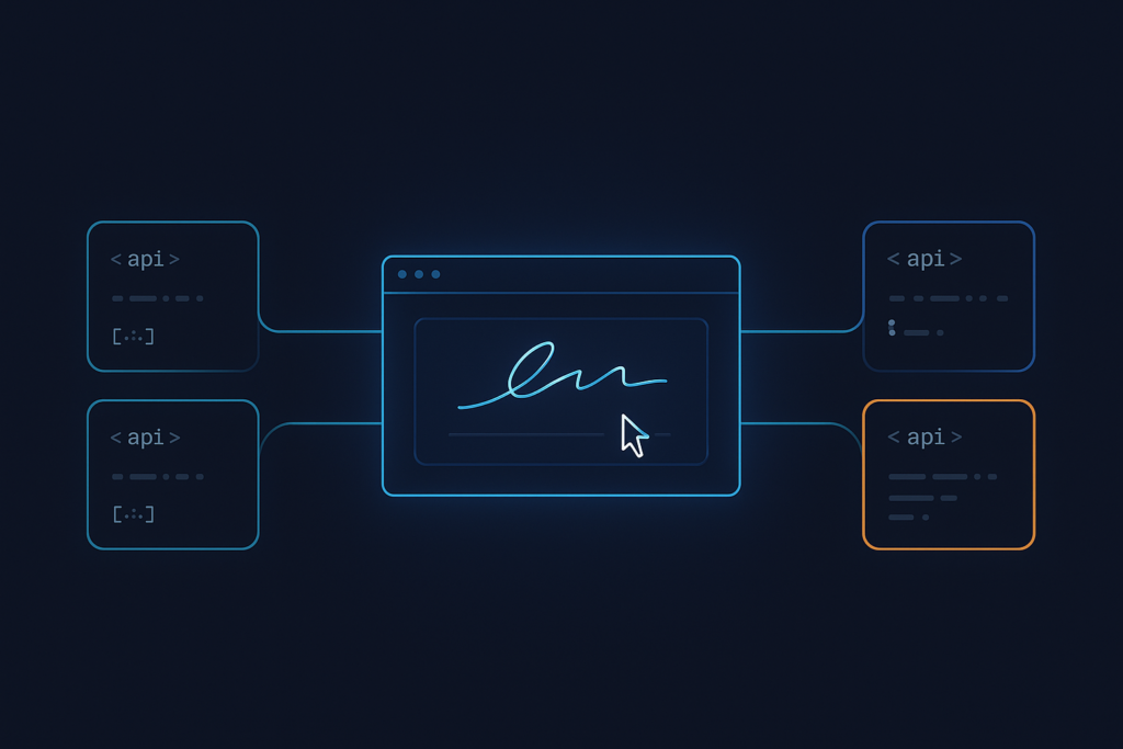 Glowing browser window with a handwritten signature, linked to four API code cards, illustrating Adobe Sign API alternatives