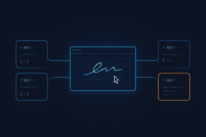 Glowing browser window with a handwritten signature, linked to four API code cards, illustrating Adobe Sign API alternatives