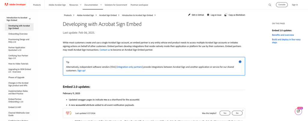 Adobe Acrobat Sign Embed developer docs telling teams to contact Adobe to become an embed partner