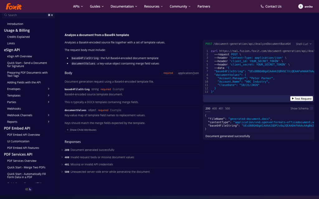 Foxit API reference for the AnalyzeDocumentBase64 endpoint with request body fields, curl example, and response codes