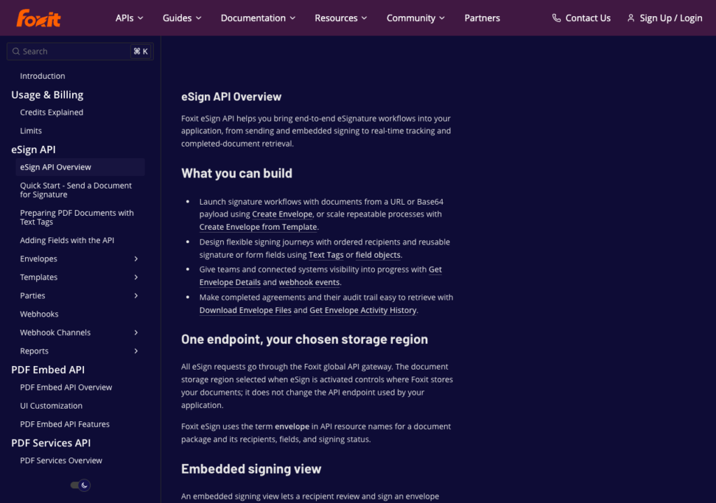 Foxit eSign API Overview docs page listing envelope creation, field setup, webhook events, and activity history