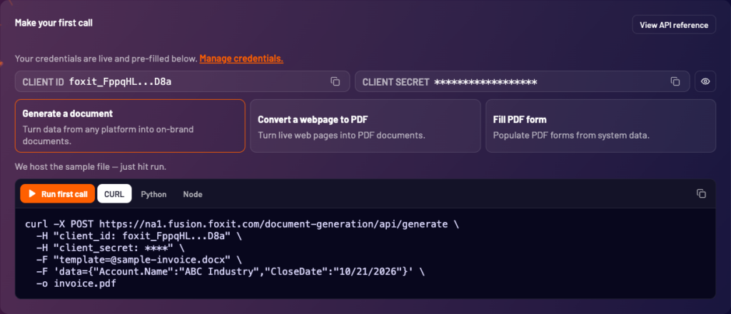 Foxit developer dashboard showing client ID and masked client secret fields above a pre-filled cURL example