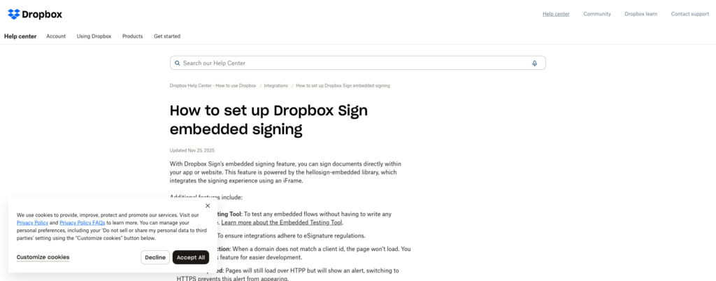 Dropbox help center article on setting up Dropbox Sign embedded signing with the hellosign-embedded iFrame library
