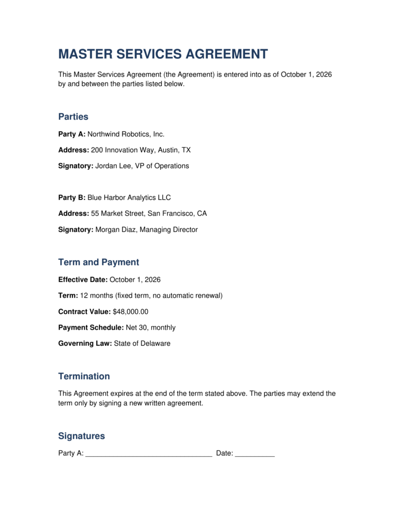 Generated Master Services Agreement PDF with merged party names, addresses, effective date, term, and contract value
