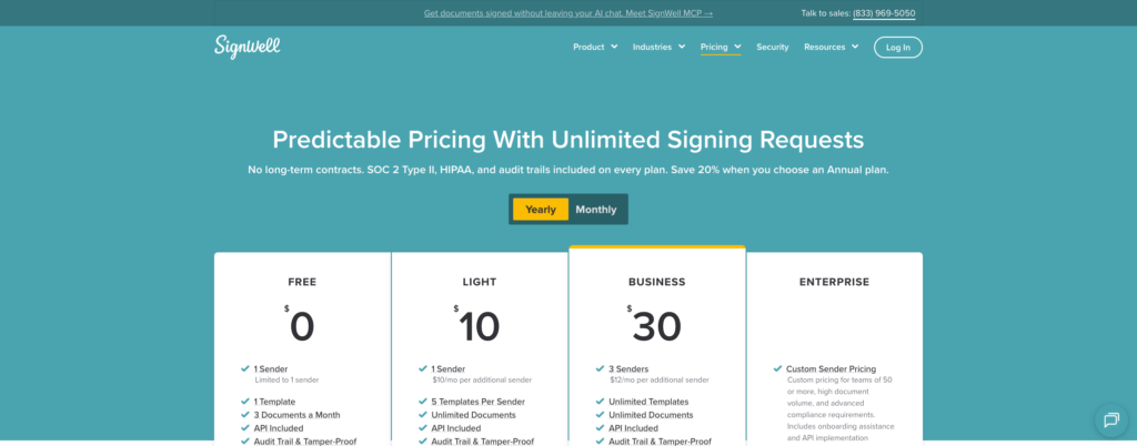 SignWell pricing page showing Free, Light, Business, and Enterprise plans, with API access included on each tier